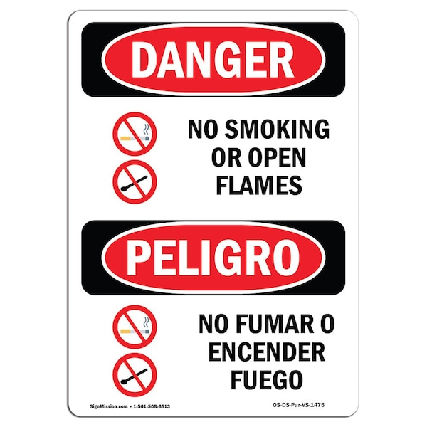 Safety Sign, OSHA Danger, 24" Height, Aluminum, No Smoking Or Open Flames Spanish